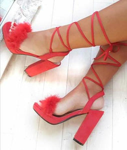 red straps fur heels