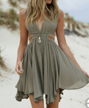 Deep V Neck Sleeveless Olive Dress