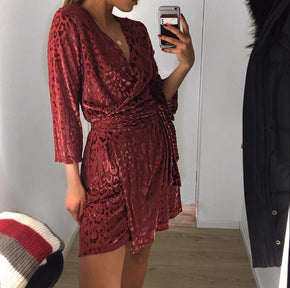 V-neck Wrap Velvet Vinered Shortdress