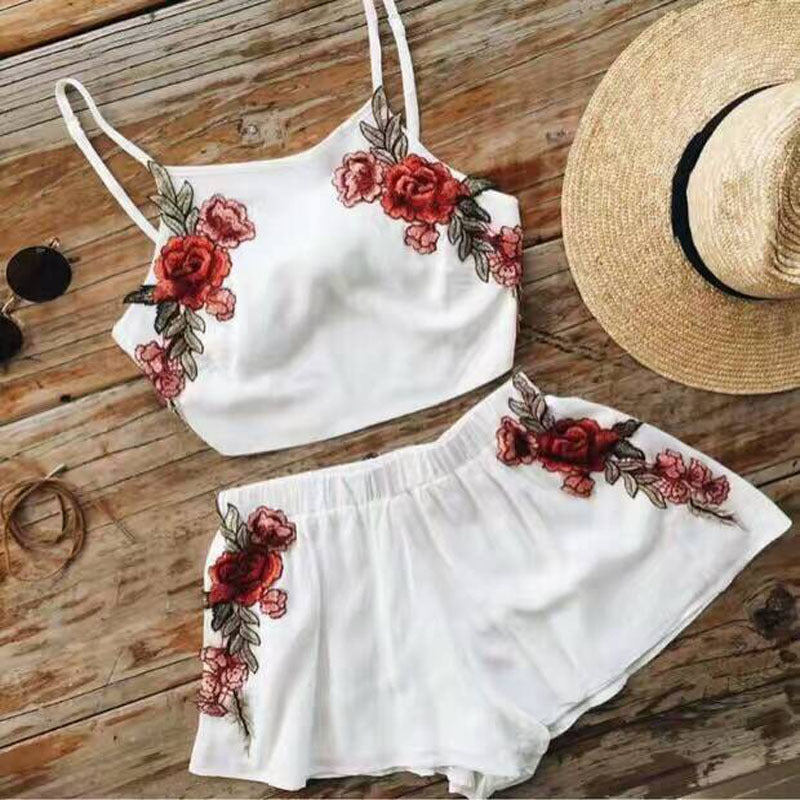 Embroidery Spaghetti Strap Beach Set /Two Pieces