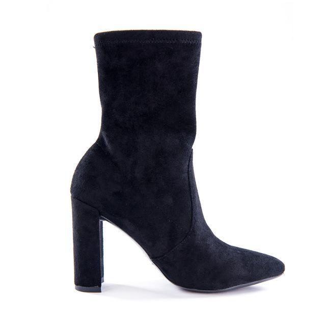 Faux Suede Pointed Toe Thick Heel Boots