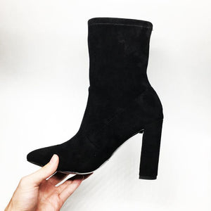 Faux Suede Pointed Toe Thick Heel Boots