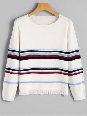 Long Sleeve Striped Frayed Hem Sweater