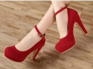 round head thick suede high heels