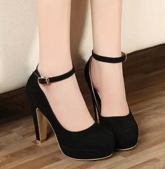 round head thick suede high heels