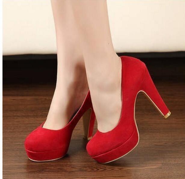 round head thick suede high heels