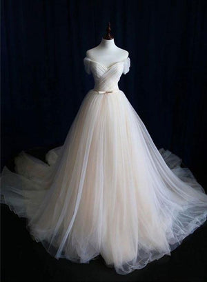 The champagne tulle long prom dress with train, champagne wedding dresses